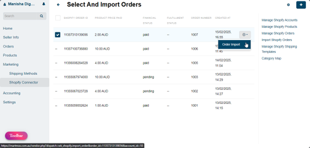 Select and import orders