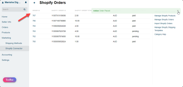 Imported order listed in Martmox dashboard