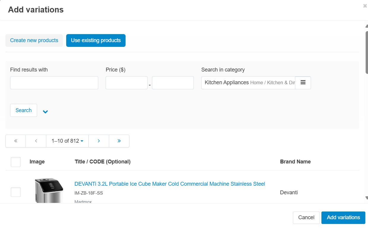 add existing variations